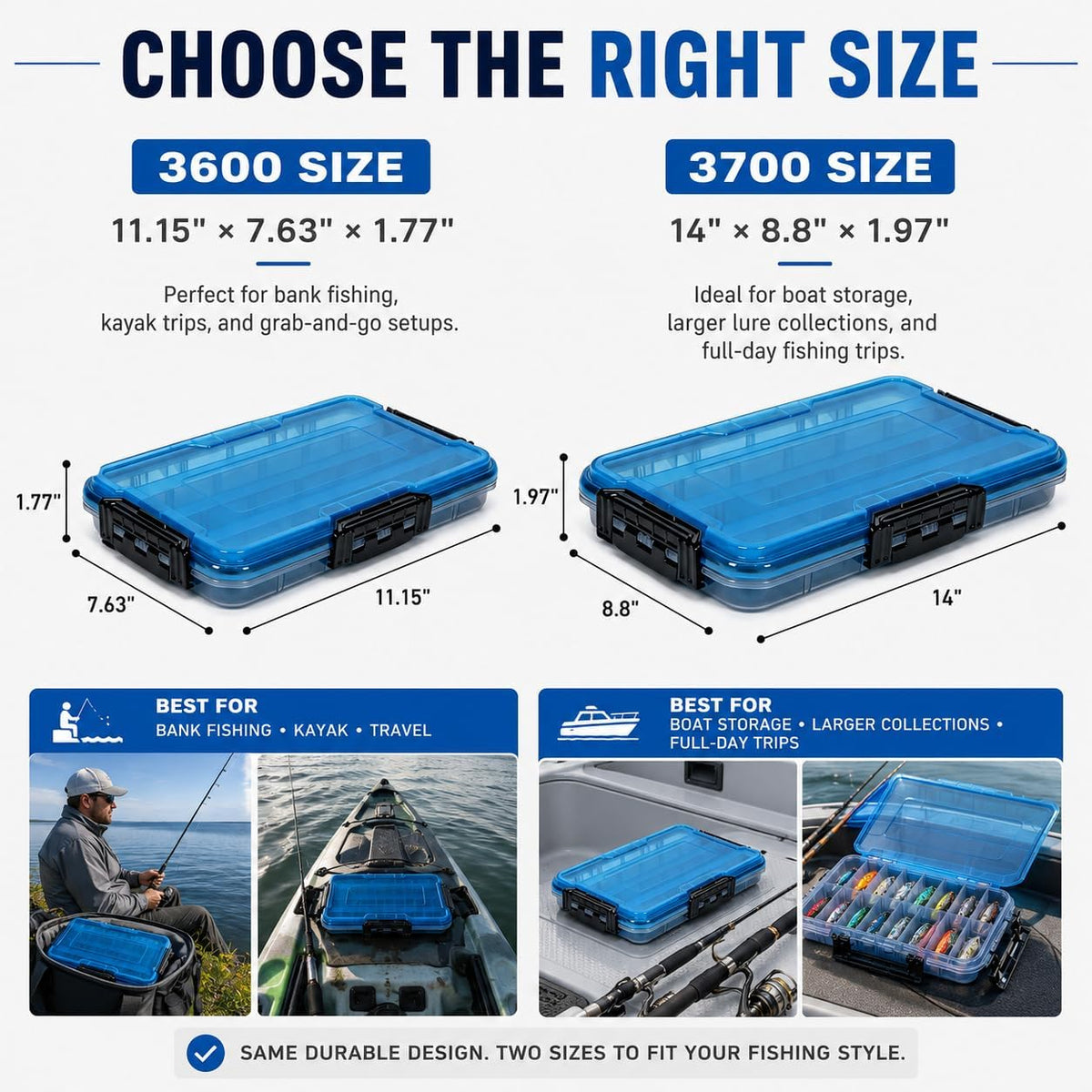 BEAR PAW 3700 Fishing Tackle Boxes Large Waterproof Fishing Tackle Box Lure Tray Storage Organizer Plastic Box with Adjustable Dividers Blue