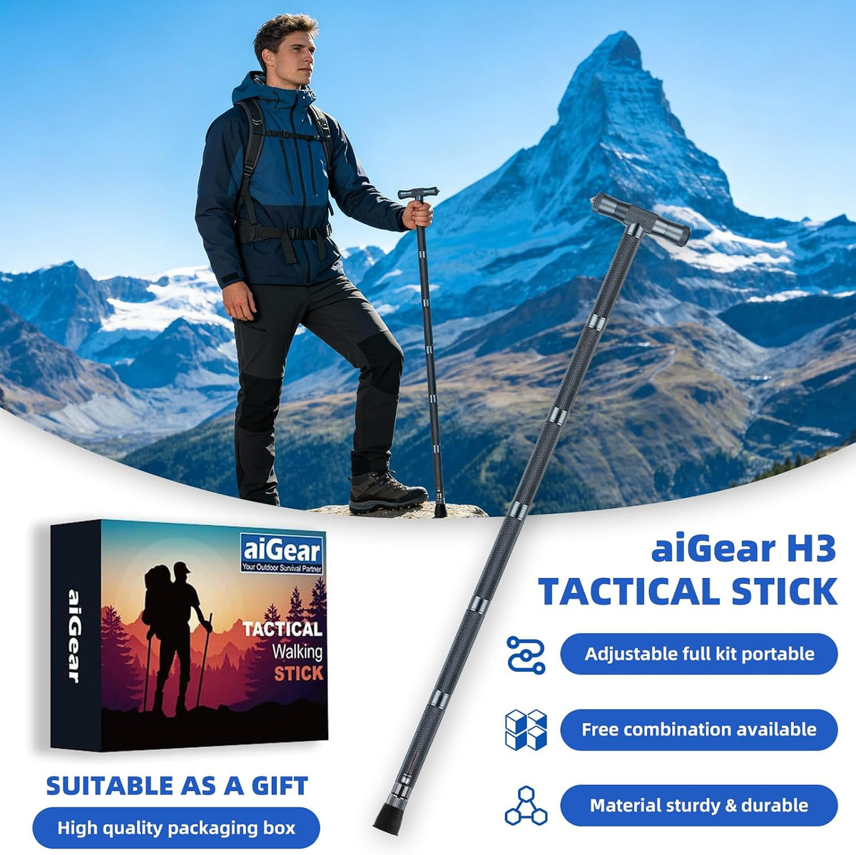 aiGear H2/H3 Heavy-Duty Walking Stick with Multi-Tool, 6-8 Section Staff