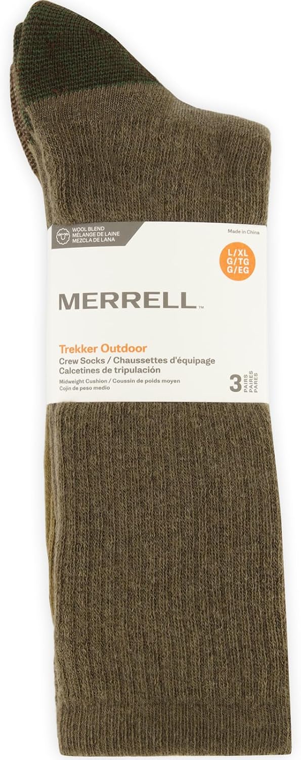Merrell Unisex 3-pack Trekker Outdoor Crew Socks, Full Cushion Wool Blend Hiker Multi-pack