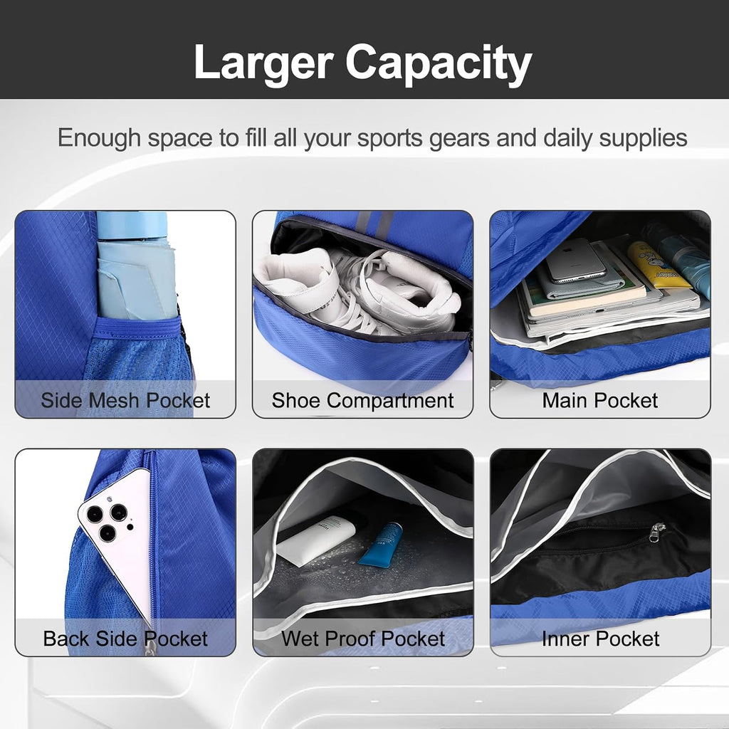 Hoedia Sports Drawstring Backpack - Swim Gym Bag for Women and Men