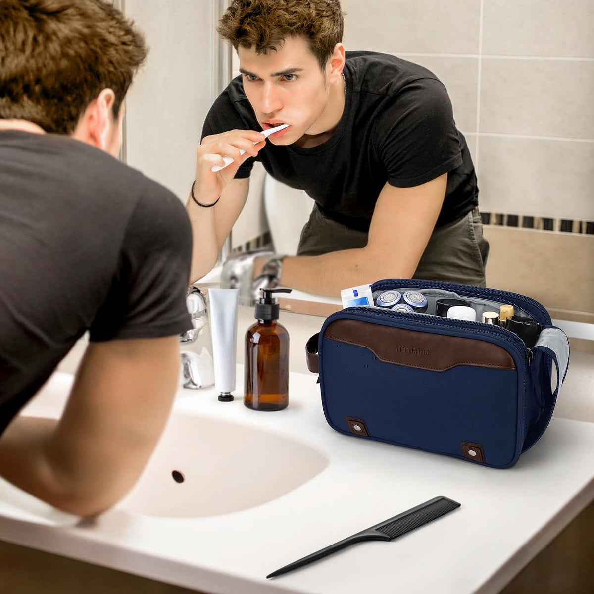 Wedama Toiletry Bag for Men, Medium Hanging Travel Toiletry Bag, Extra Electronic Organizer Bag Waterproof Shaving Bag for Toiletries with PU Handle for Travel Business Trips Swim Camping, Blue