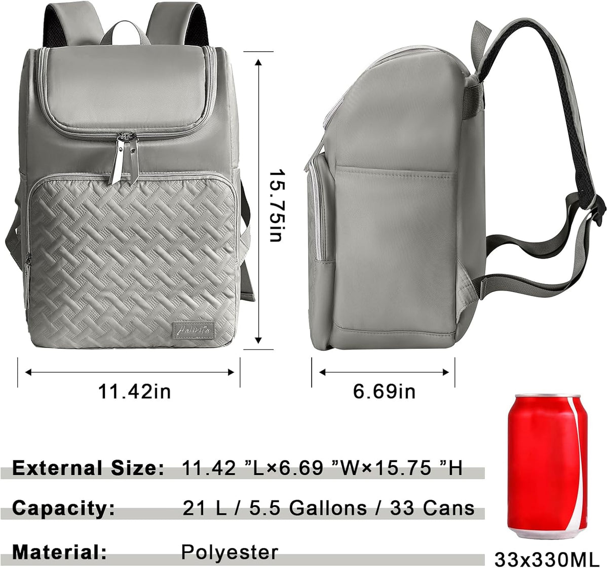 Cooler Backpack Insulated Leak Proof 33 Cans, Waterproof Hiking Backpack Cooler Soft Cooler Bag Lunch Backpack for Picnic Camping Beach, Gray