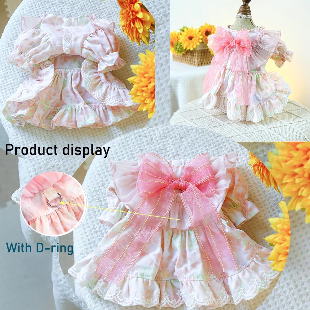 Pink Dog Dress for Small Dog Girl Spring Puppy Clothes with Bow Puff Sleeves Cat Outfit Doggy Princess with Leash Ring Doggies Harness Dress Summer Pet Apparel (Pink, Large)