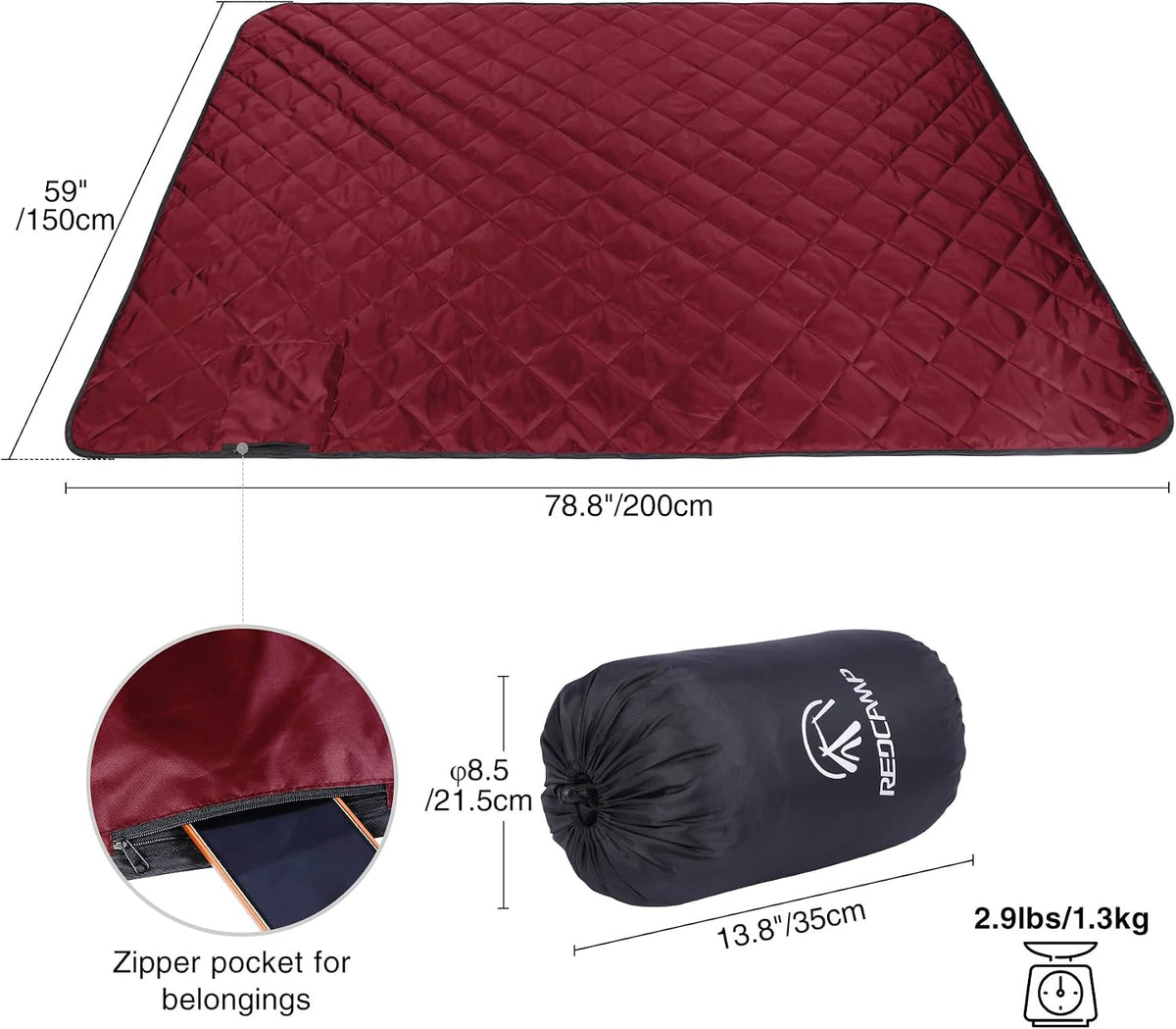 REDCAMP Large Camping Blanket with Sherpa Lining, Wine Red 79"x59"
