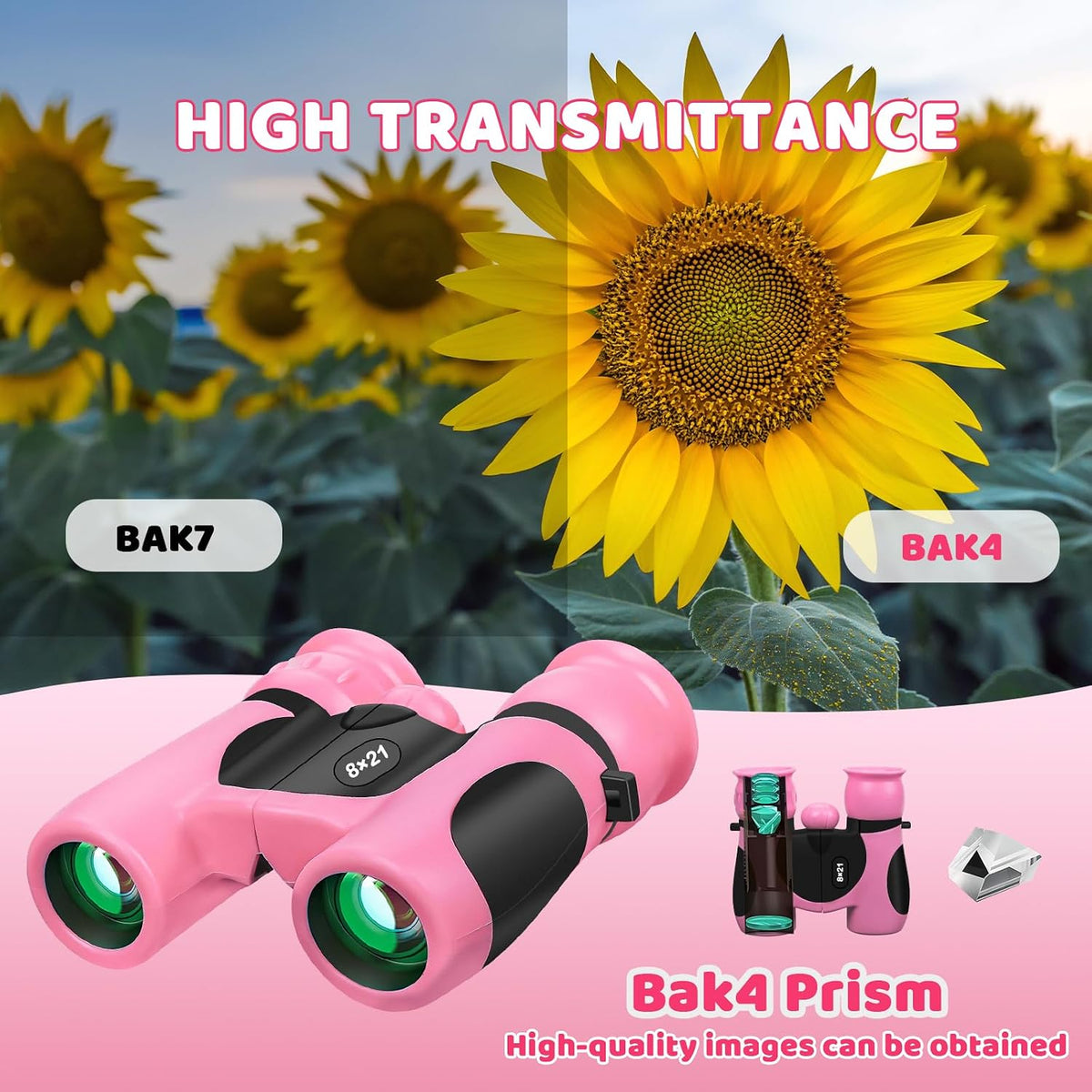 BLACKICE Binoculars for Kids, High-Resolution 8x21, Kids Binoculars Gift Set for Boys & Girls, Shockproof & Compact for Bird Watching, Travel, Hiking, Camping, Hunting, Children Outdoor Gear (Pink)