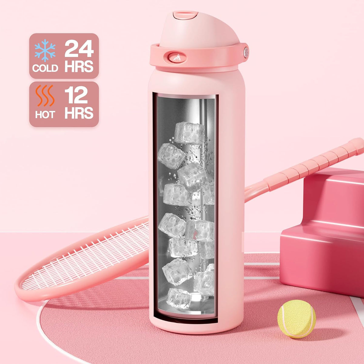 POWCAN 40 oz Insulated Water Bottle: 2-in-1 Push-Button Spout & Quick-Flip Straw, Leakproof, Cold 24Hrs, Fits Car Cup Holder, Stainless Steel Water Bottle for Sports, Travel, School (Cotton Candy)