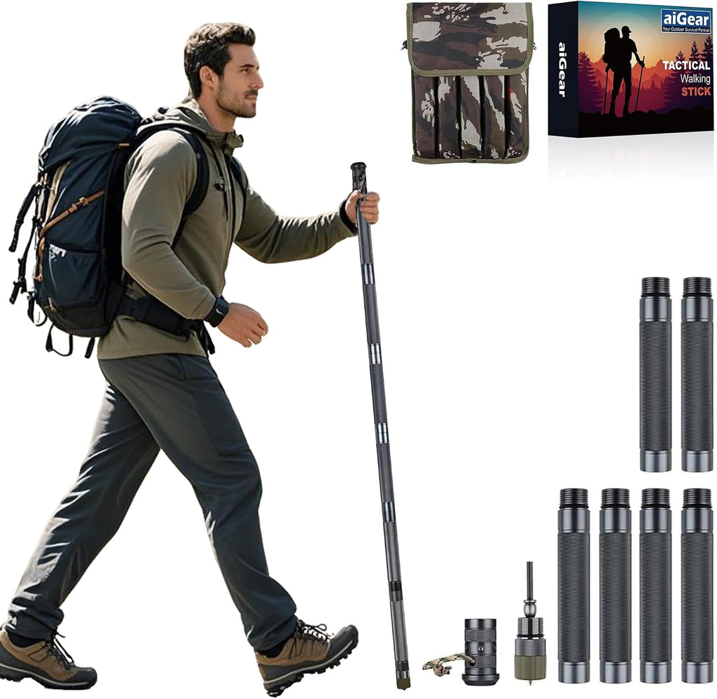 aiGear H2/H3 Heavy-Duty Walking Stick with Multi-Tool, 6-8 Section Staff