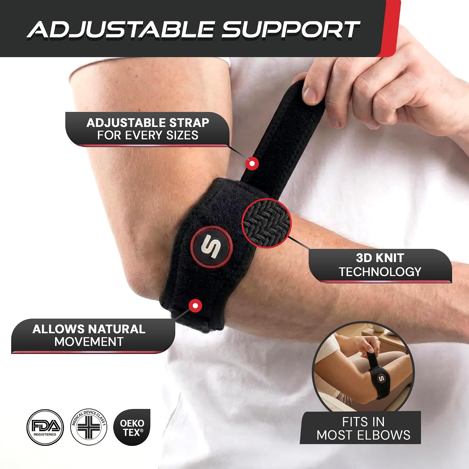 Sleeve Stars Tennis Elbow Brace for Men & Women, Elbow Brace for Tendonitis, Tennis Elbow Strap, Golfers Elbow Brace, Elbow Support Wrap for Tennis Elbow Relief, Fits 9"-23" (Pair/Black)
