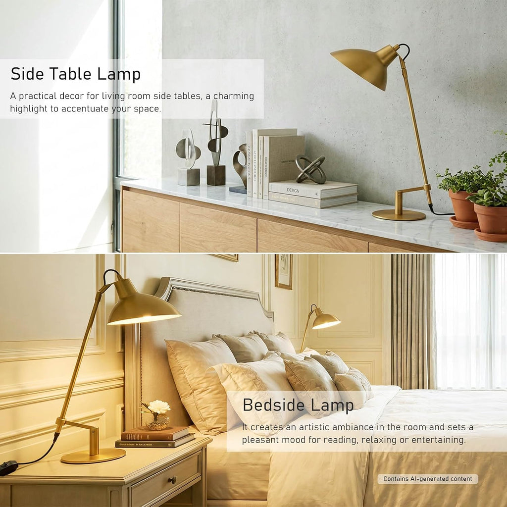 Desk Lamp Modern Industrial 100% Metal Adjustable Table Lamp 24", Natural Light (4000K) with Dimmer, Ideal for Office Bedroom Study Room Living Room Nightstand Bedside Lamps Brass