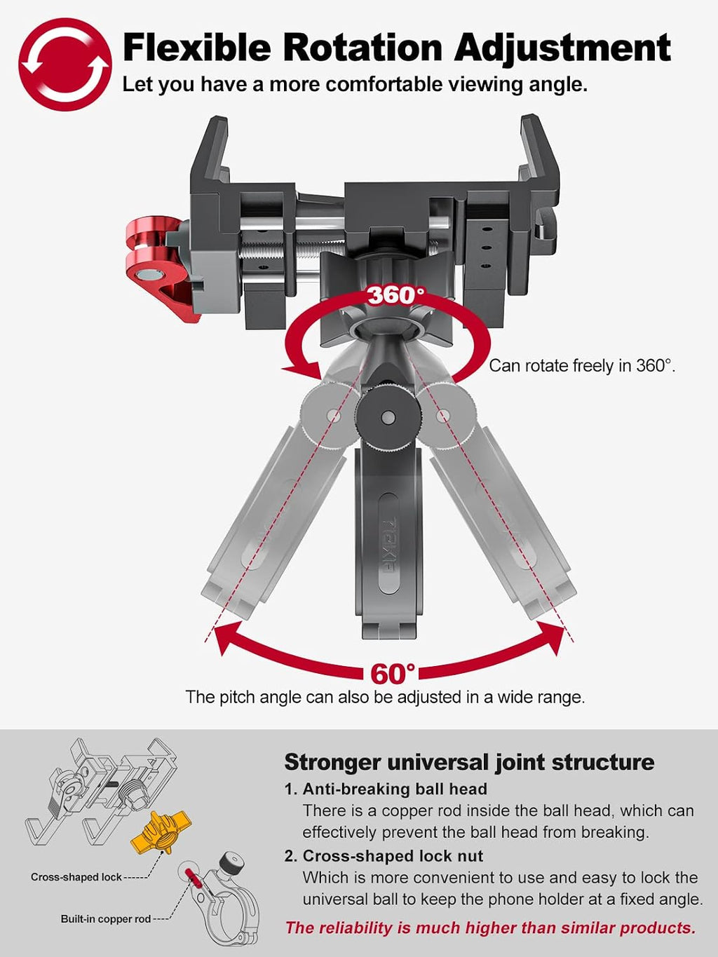 Tiakia Bike Phone Mount Holder, 360° Rotation for 4.5-7 Inch Handlebar