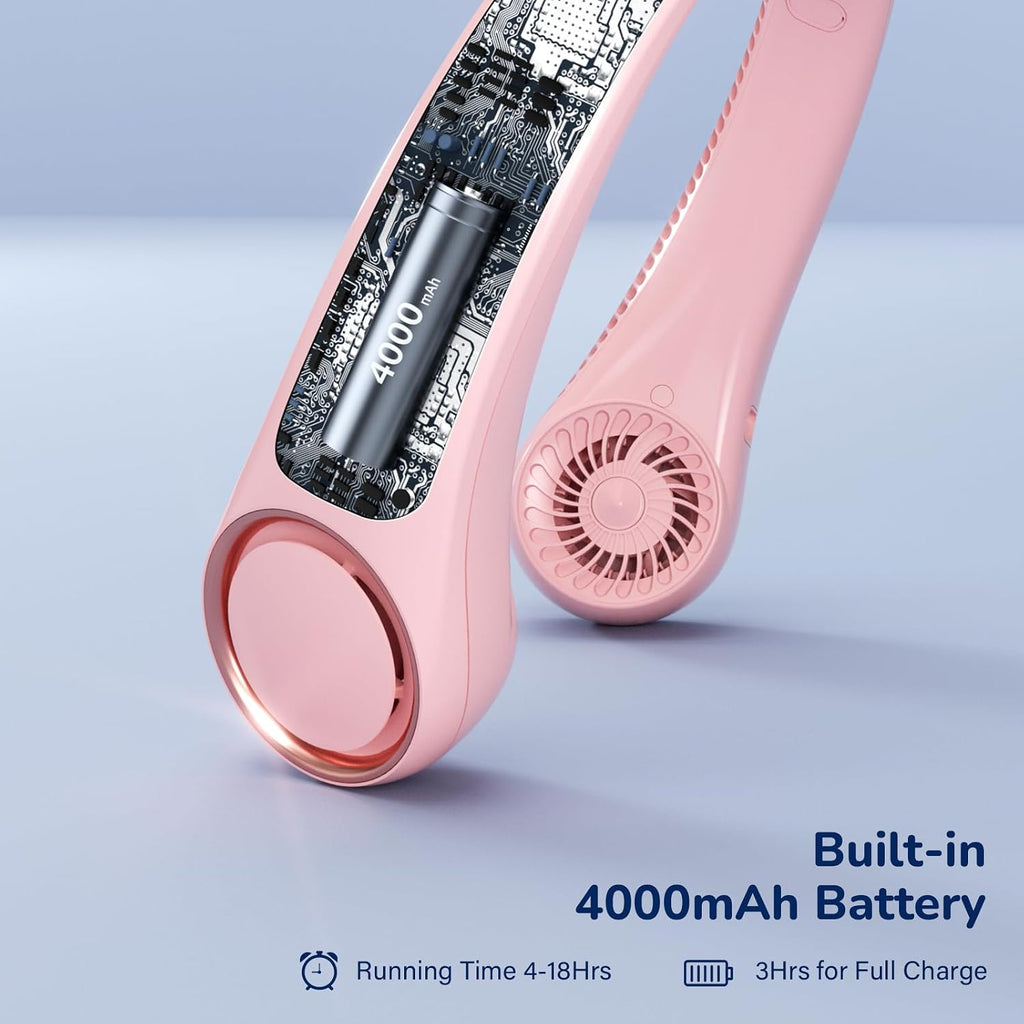 Morelax Neck Fan, USB Rechargeable Personal Fan, 3 Speeds Adjustable, Large air outlet Powerful Strong Wind, Adjustable, 360° Cooling, Super Quiet, No Blade Design, No Hair Twisting, Small (Pink)