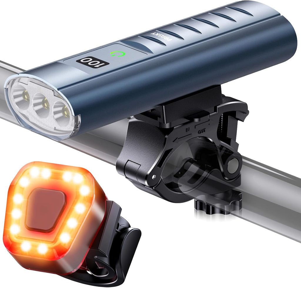 High Lumen Bike Light Set, Prasky Rechargeable Bicycle Lights Front and Rear, Super Bright LED Bike Headlight, IP65 Waterproof Multiple Modes Road Mountain Bike Lights for Night Riding - Blue