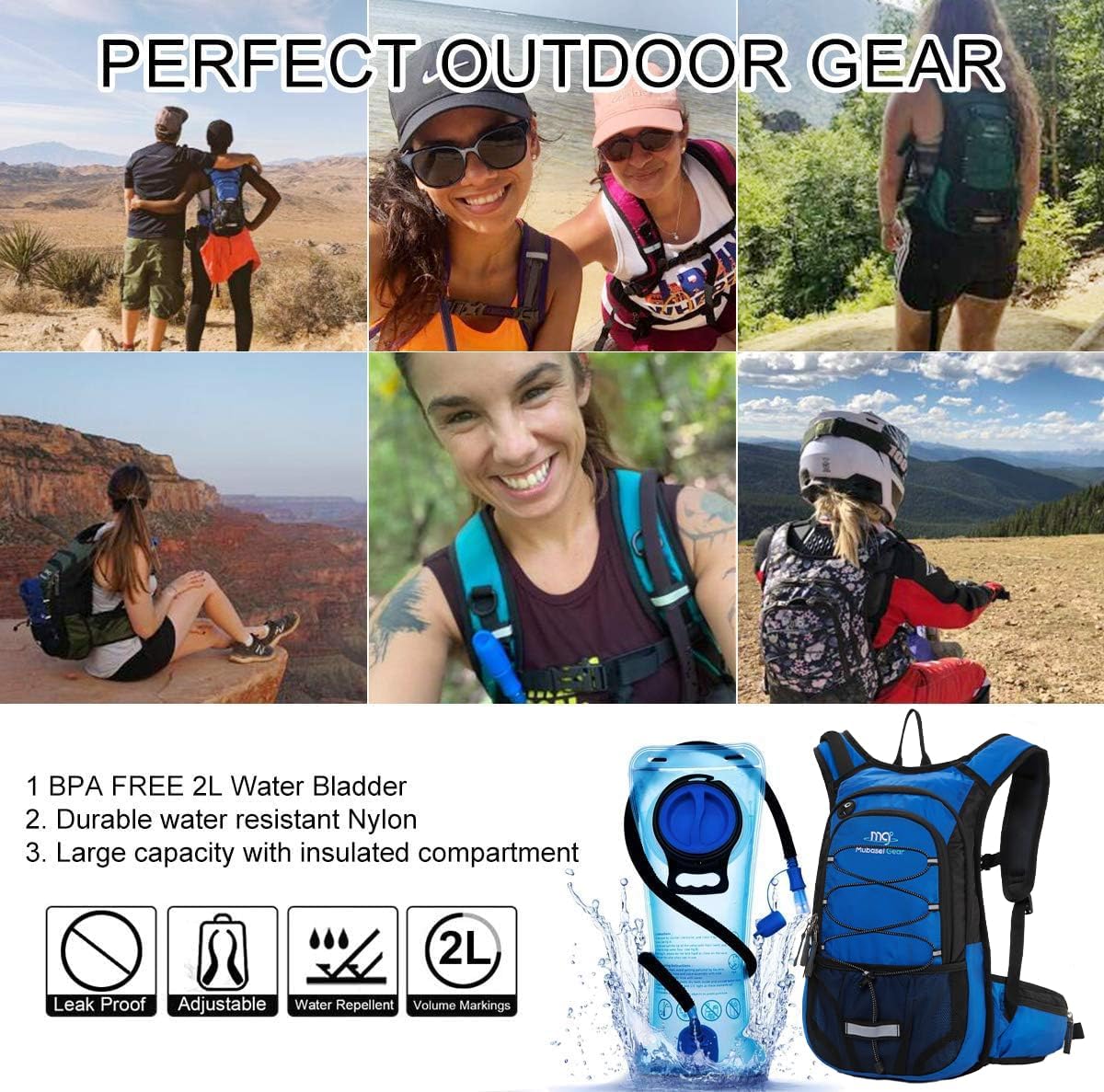 15L Insulated Hydration Backpack Pack with 2L Water Bladder Lightweight Hiking Backpack Bag for Women Men Daypack for Hiking Running Festival Camping Biking