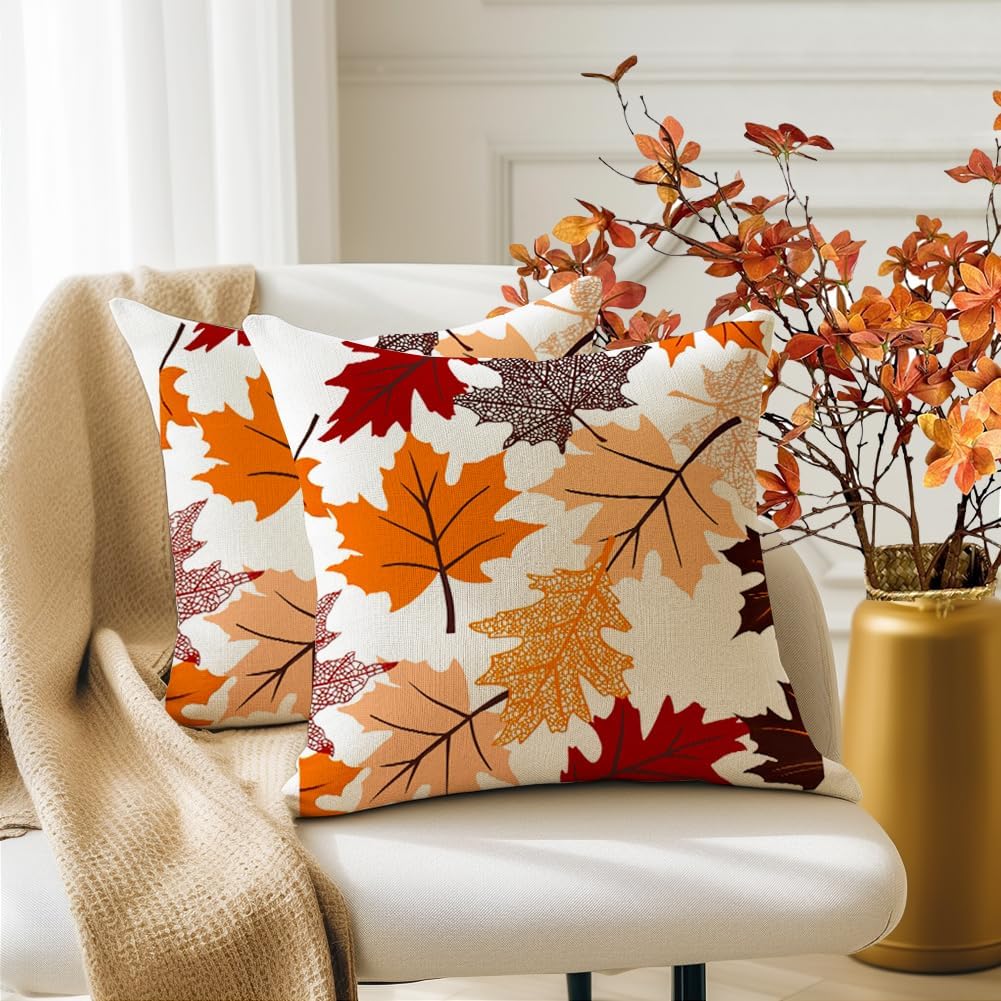 Fall Pillow Covers 18x18 Set of 2,Maple Leaves Outdoor Thanksgiving Autumn