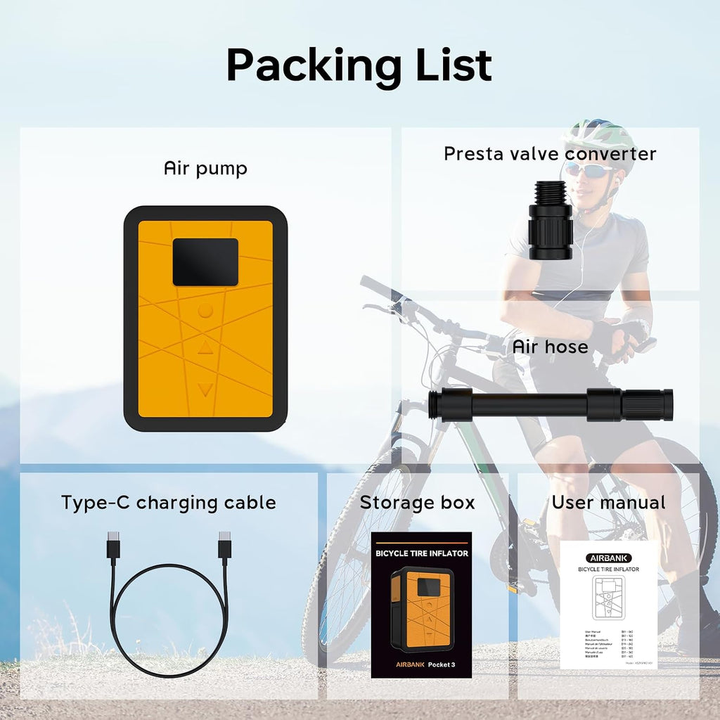 AIRBANK Waterproof Mini Bike Pump with Gauge, Pocket 3, 120 PSI, 600mAh