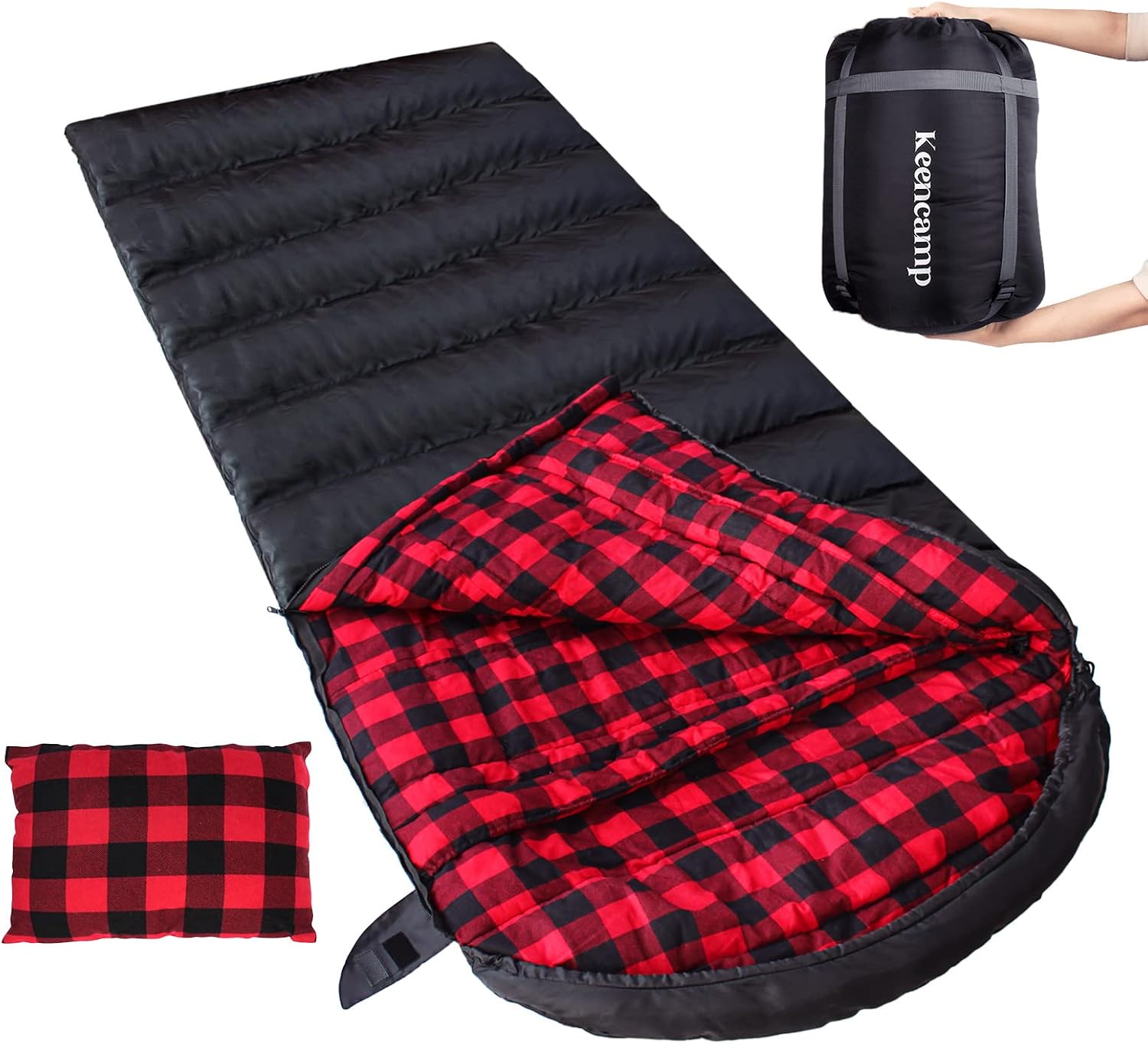 Keencamp 0 Degree Sleeping Bag Cotton Flannel Winter Cold Weather for Adults XXL Sleeping Bag 4 Season Big and Tall with Pillow Compression Sack