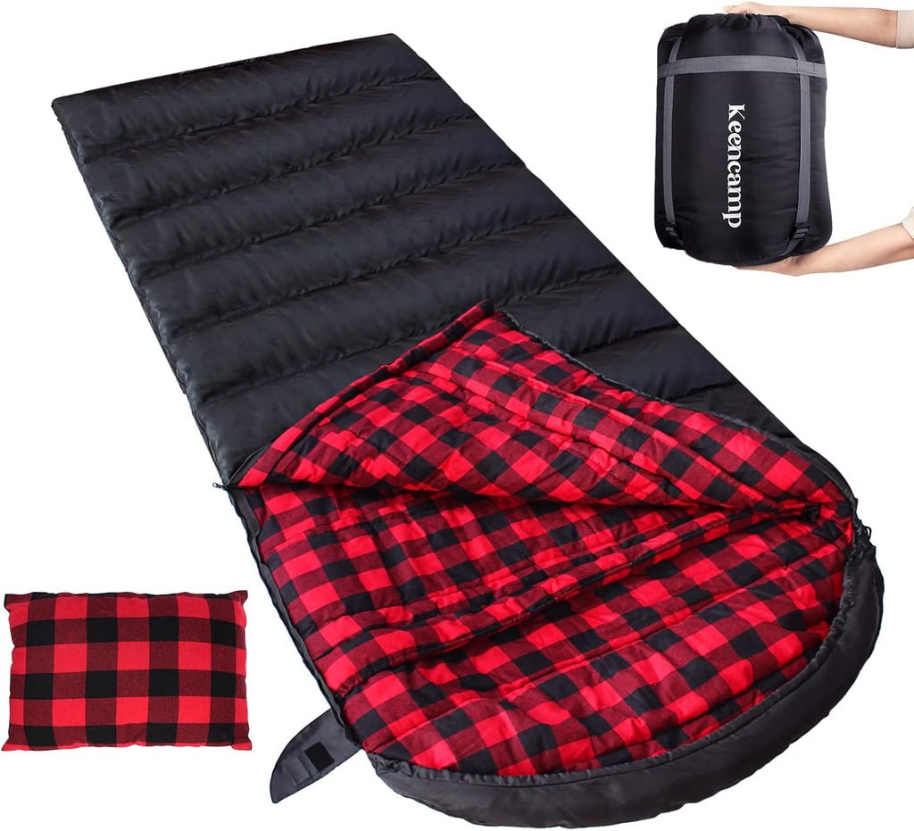 Keencamp 0 Degree Sleeping Bag Cotton Flannel Winter Cold Weather for Adults XXL Sleeping Bag 4 Season Big and Tall with Pillow Compression Sack
