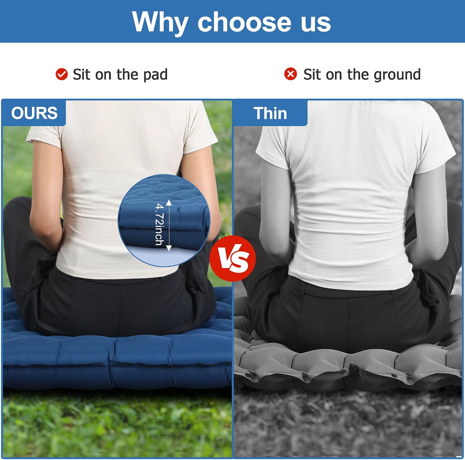 Toncoke Sleeping Pad, 4.7" Extra-Thick & Ultralight Inflatable Camping Mat with Pillow, Built-in Foot Pump, Compact for Backpacking, Camping, Hiking, Travel — Navy Blue