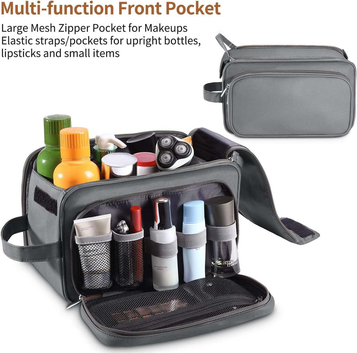 Buruis Extra Large Toiletry Bag for Men, PU Leather Travel Dopp Kit, Gray