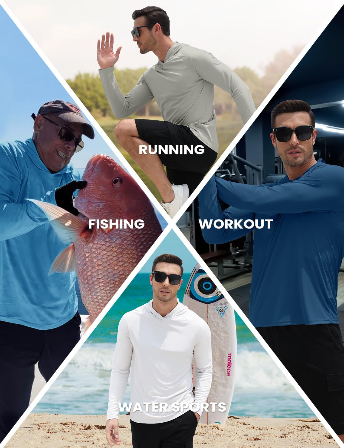 Mens UPF 50+ Sun Hoodie UV Protection Long Sleeve Swimming Rash Guard SPF Quick Dry Fishing Shirt for Outdoor Sports
