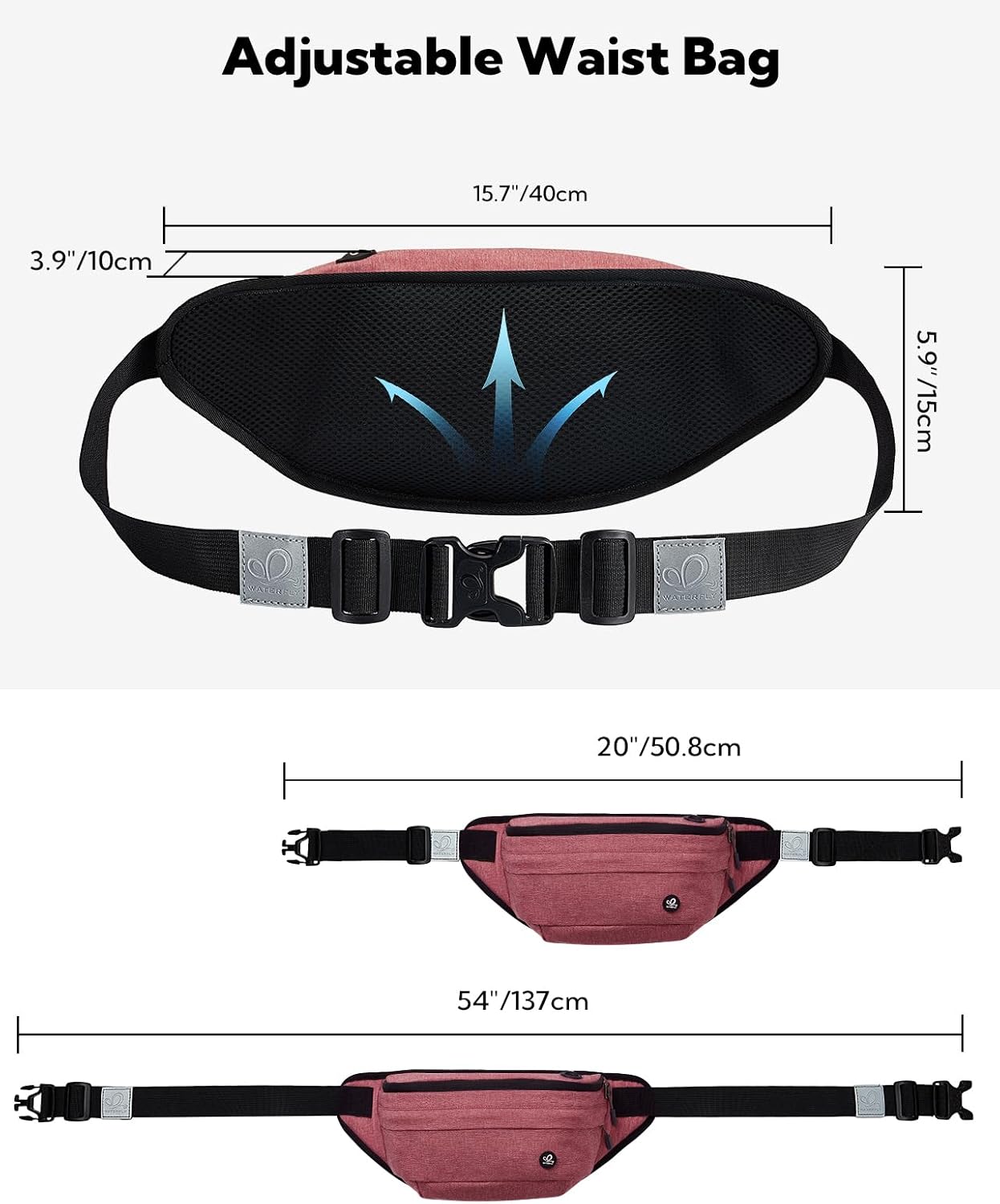 WATERFLY Fanny Pack for Men Women Water Resistant Large Hiking Waist Bag Pack for Running Walking Traveling (Light Red),16.5 x 4.3 x 6 inches,ONJ05
