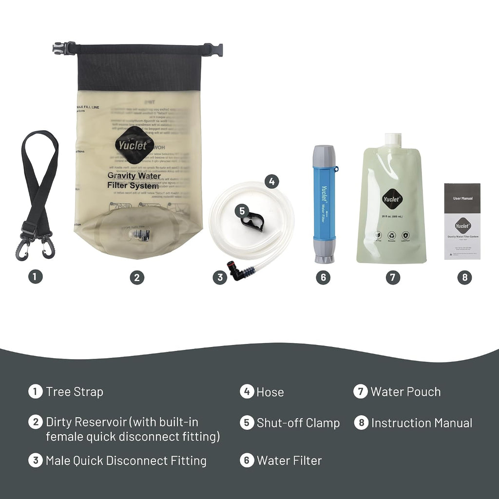 Yuclet Gravity Water Filter System w/ 2-Gal Bag & 0.1-Micron Filter Straw