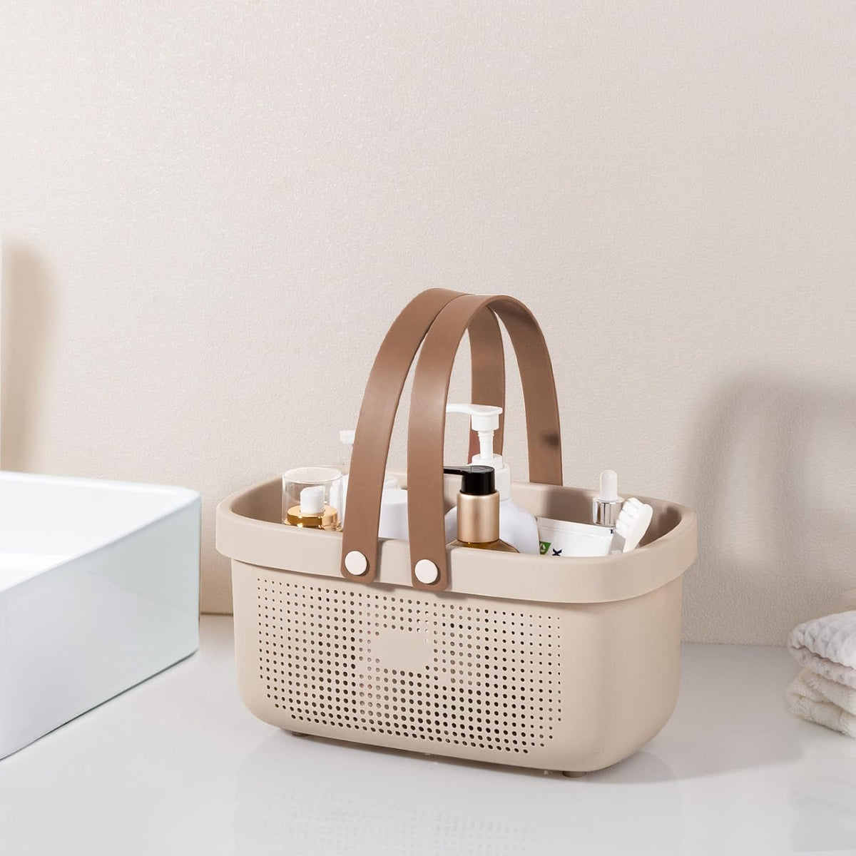 Portable Shower Caddy Basket with Handles Plastic Storage Basket Beige