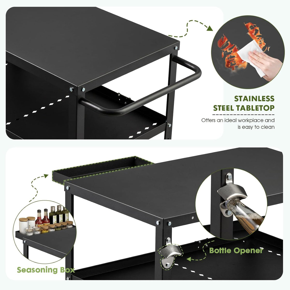 Outdoor Grill Cart Table, Pizza Oven Stand with Casters, Black