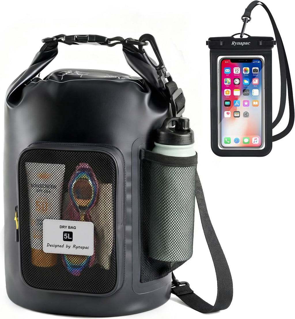 5L Waterproof Dry Bag with Bottle Holder & Mesh Pocket, 500D PVC Tarpaulin Roll Top Dry Sack with Inner Waterproof Adsorption Film, Lightweight Dry Bag for Kayaking, Beach, Boating, Fishing, Travel