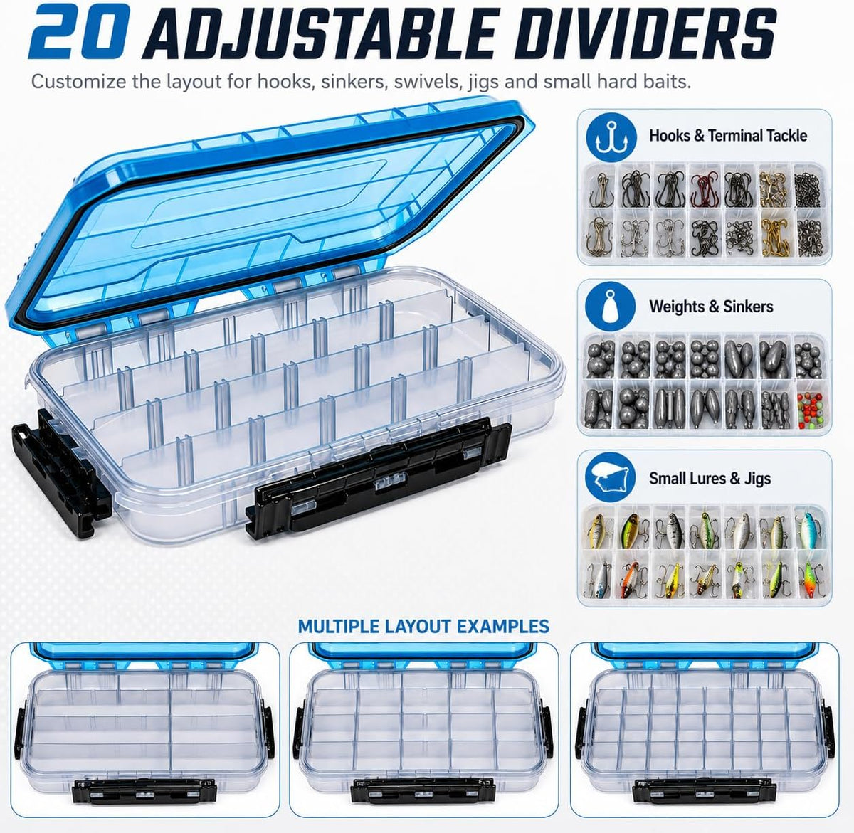 BEAR PAW 3700 Fishing Tackle Boxes Large Waterproof Fishing Tackle Box Lure Tray Storage Organizer Plastic Box with Adjustable Dividers Blue