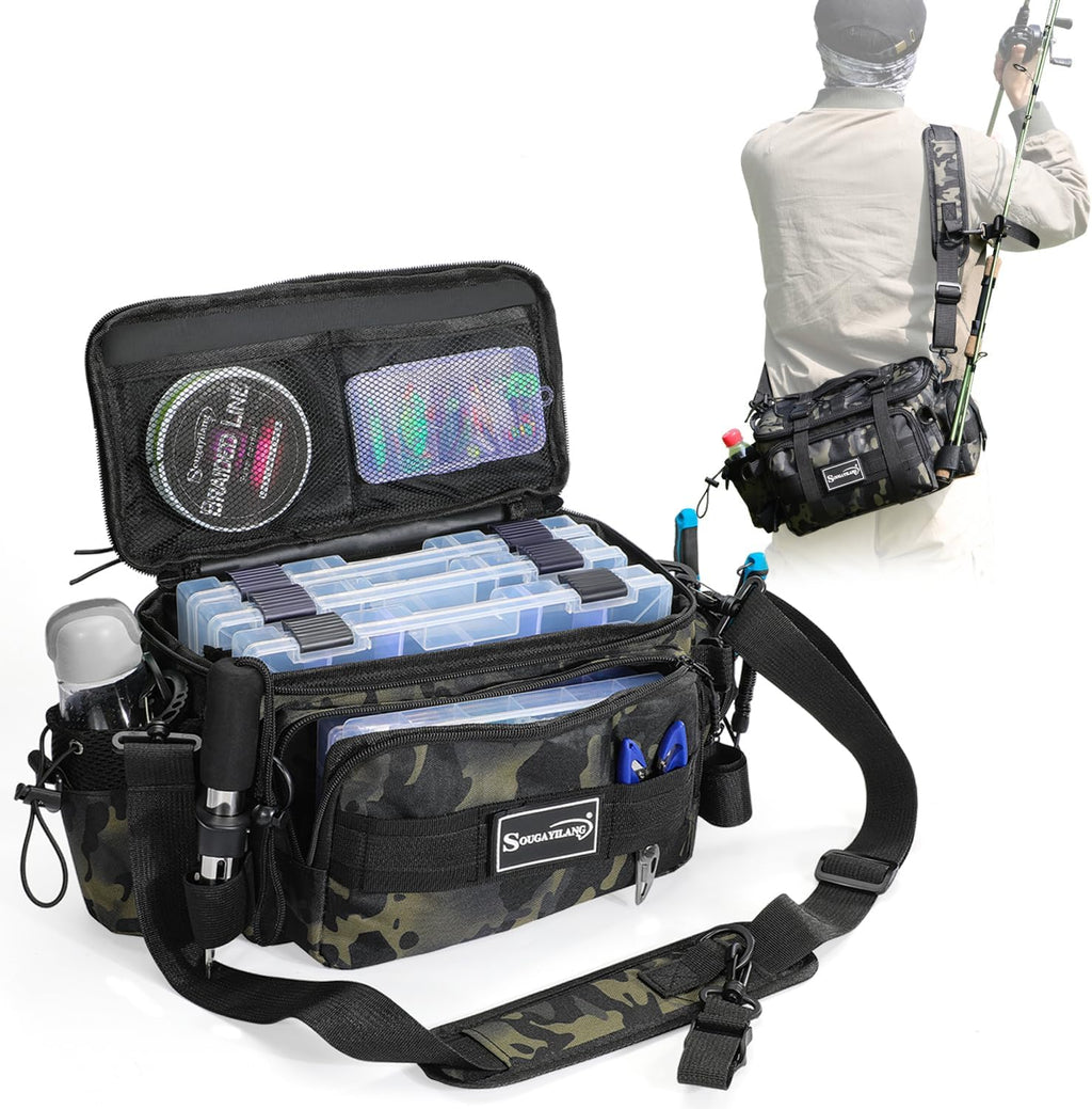 Sougayilang Fishing Tackle Bags with 3600 Tackle Tray - Fishing Tackle Storage Bags for Saltwater or Freshwater Fishing Gear - Padded Shoulder Strap - Tackle Box Bag Fishing Bag(Green)