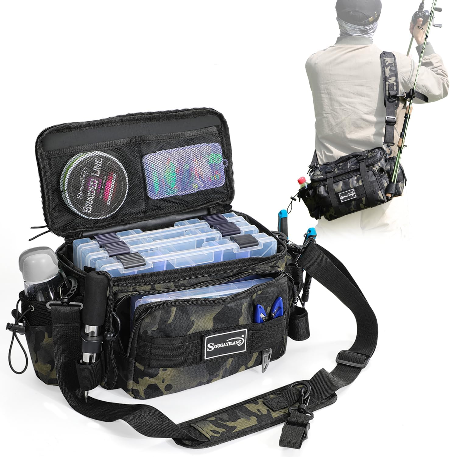 Sougayilang Fishing Tackle Bags with 3600 Tackle Tray - Fishing Tackle Storage Bags for Saltwater or Freshwater Fishing Gear - Padded Shoulder Strap - Tackle Box Bag Fishing Bag(Green)