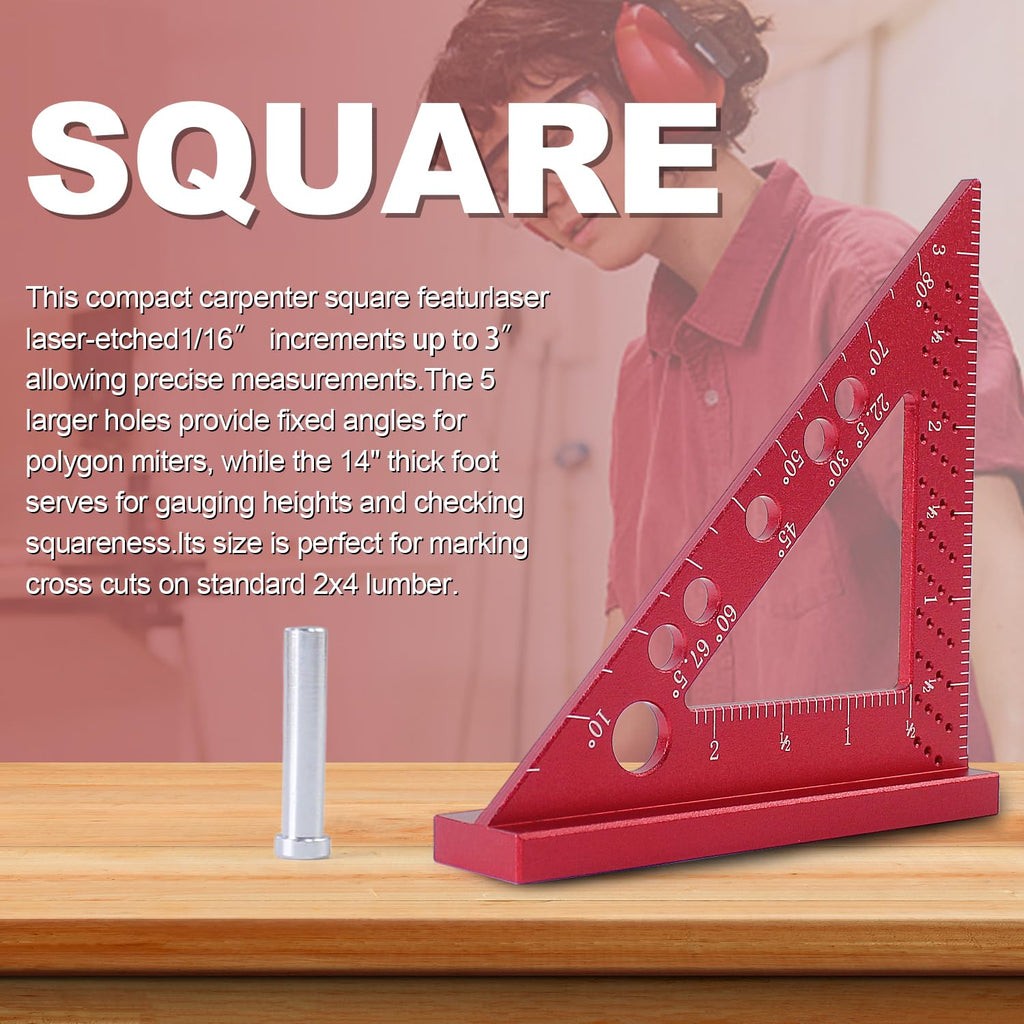 Carpenter Square, Small Triangle Square, 90 Degree Small Square Ruler, Woodworking Measuring Tool with Fixed Miter Angle Pin (Red)