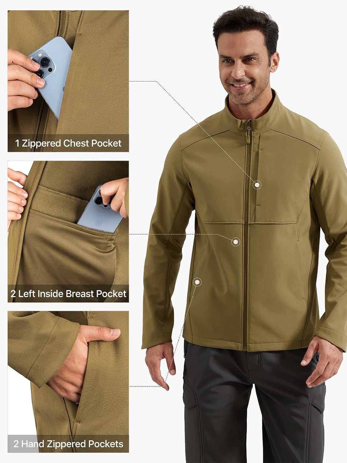 FREE SOLDIER Men's Waterproof Softshell Jacket Lightweight Fleece Lined Jacket Outdoor Hiking Windbreaker