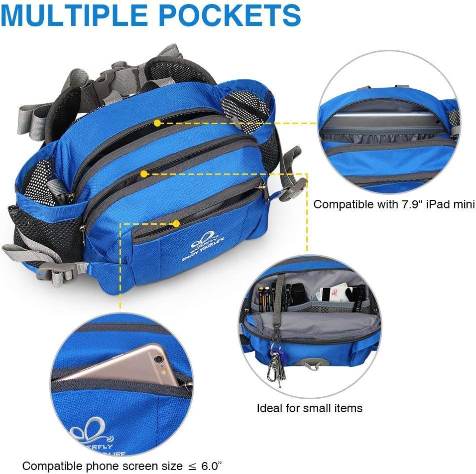 WATERFLY Fanny Pack Waist Bag: Fannie Pack 2 Water Bottle Holders Lumbar Belt Hiking Walking Running Jogging Camping Large Woman Man (Bottle Not Included)