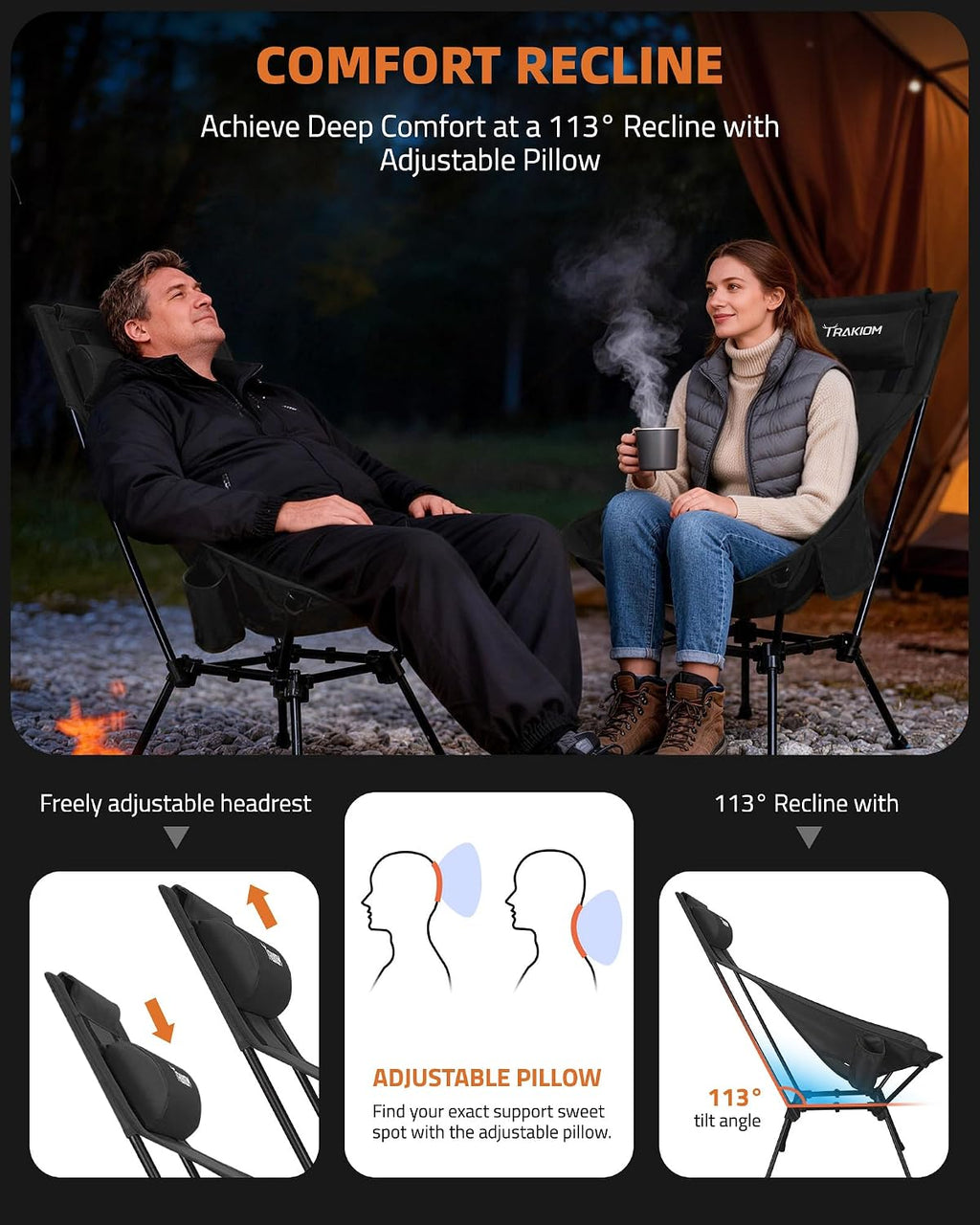 Trakiom High Back Camping Chair with Head/Neck Support Widened Seat, Black