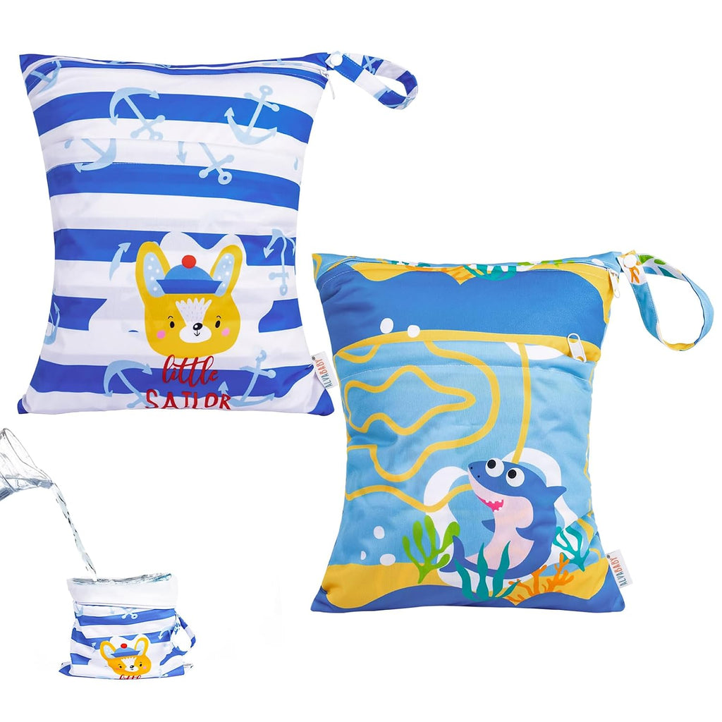 ALVA ALVABABY 2pcs Superior Waterproof Wet Dry Bags,Reusable with Two Zippered Pockets, Baby Cloth Diaper Wet Bags,Travel,Beach,Pool,Daycare,Soiled Baby Items,Yoga Gym Bag,Wet bag for Swimsuit