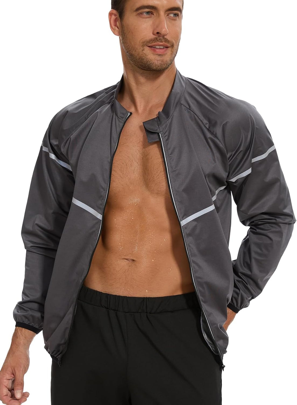 NINGMI Sauna Suit for Men Sweat Jacket Long Sleeve Shirt Zipper Workout Body Shaper Top Slimming Fitness Gym