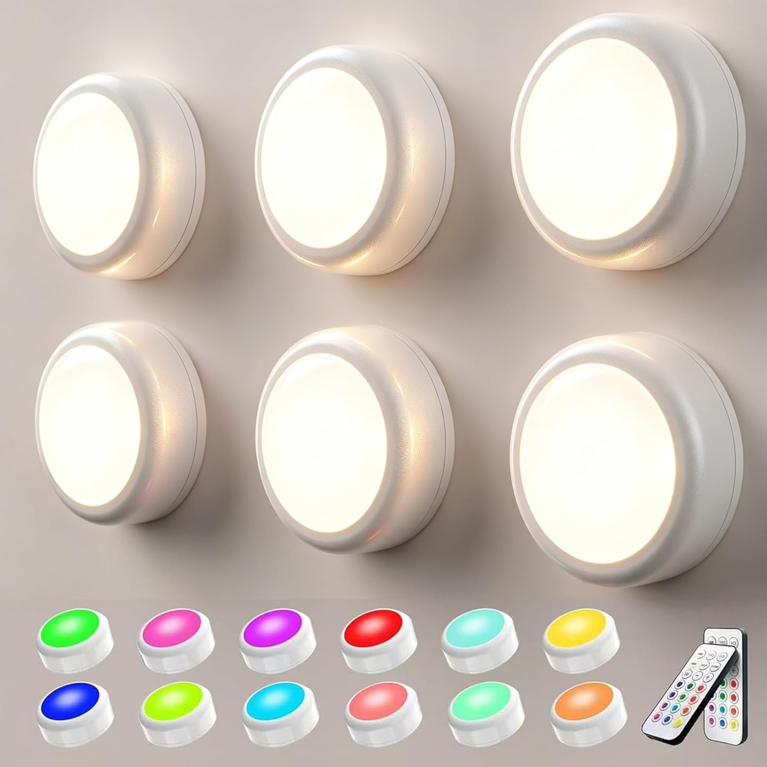 Push Lights with Remote 6-Piece Battery-Powered LED Hockey Puck Lights, Wireless Under-Cabinet & Baseboard Illumination, Dimmable & Color-Changing (6 Pack White, Color)