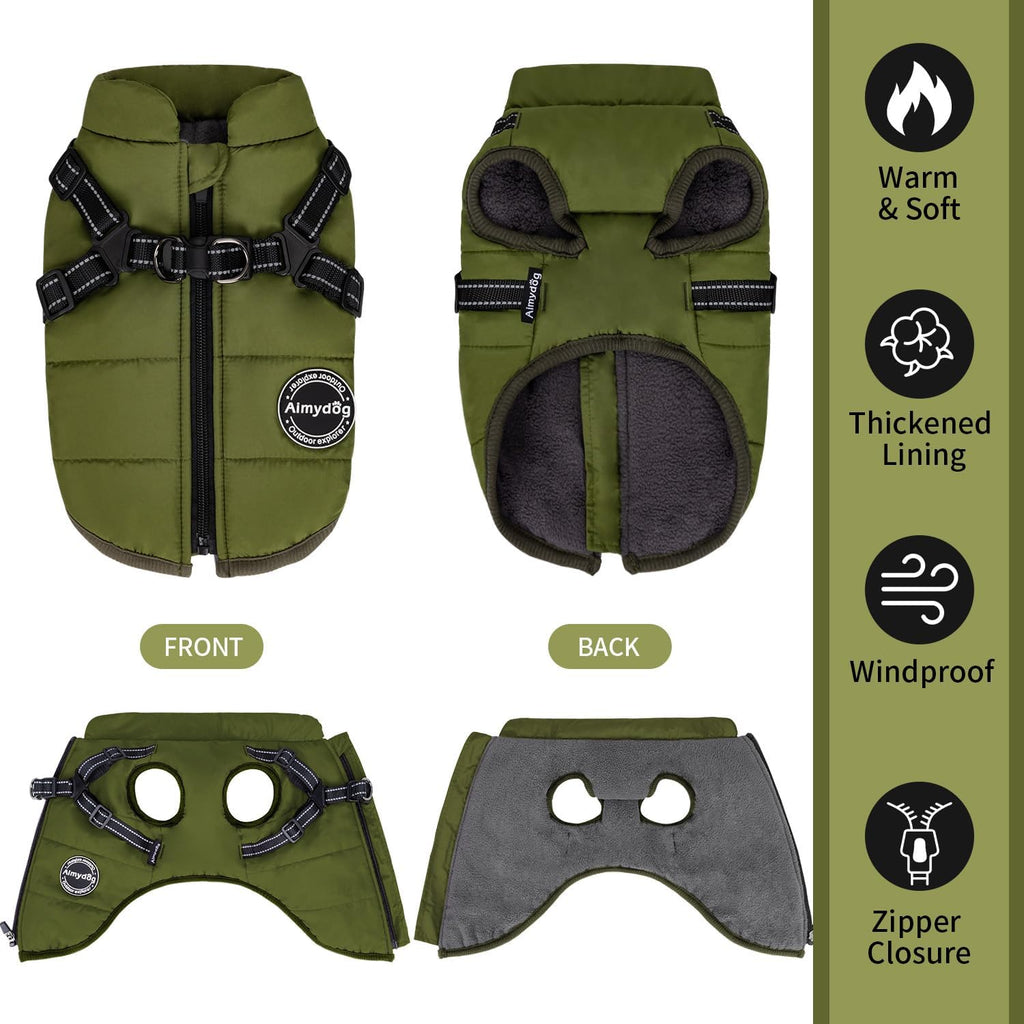 Warm Dog Winter Coat, Dog Cold Weather Jacket with Built-in Harness, Reflective & Adjustable Comfortable Pet Vest, Windproof Apparel for Small Medium Large Dogs (Green)