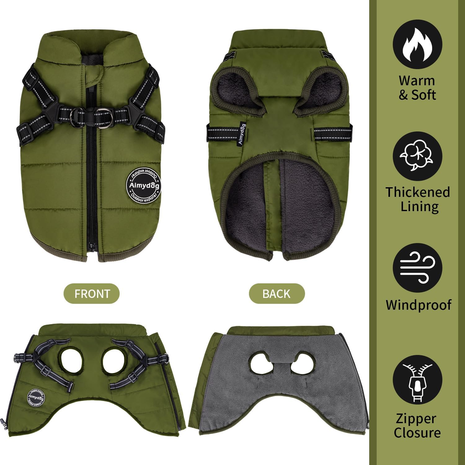 Warm Dog Winter Coat, Dog Cold Weather Jacket with Built-in Harness, Reflective & Adjustable Comfortable Pet Vest, Windproof Apparel for Small Medium Large Dogs (Green)