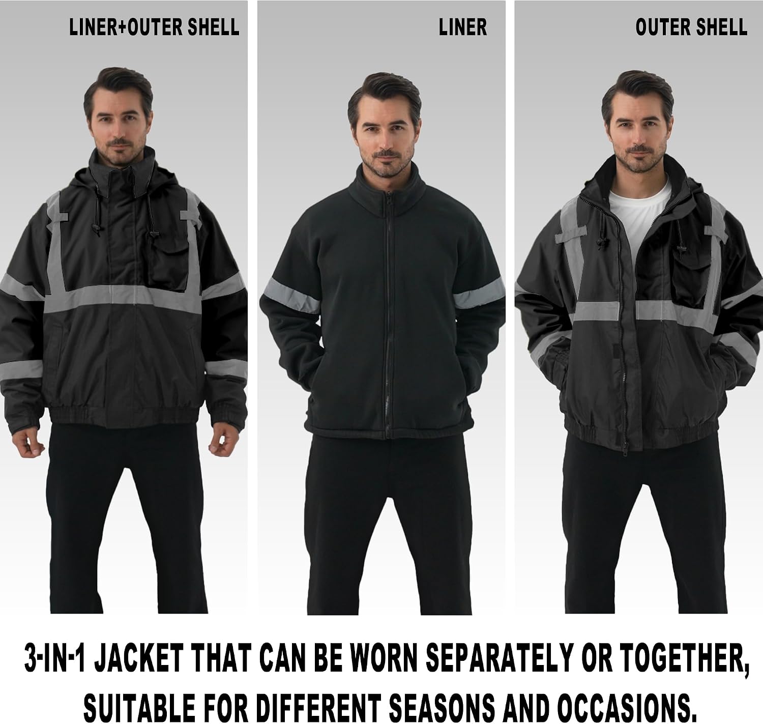 3 in 1 Safety jacket,Reflective high Visibility Hooded jacket,Hi Vis Bomber Jacket shell and fleece lining,Waterproof,ANSI Class 3 Black,Small
