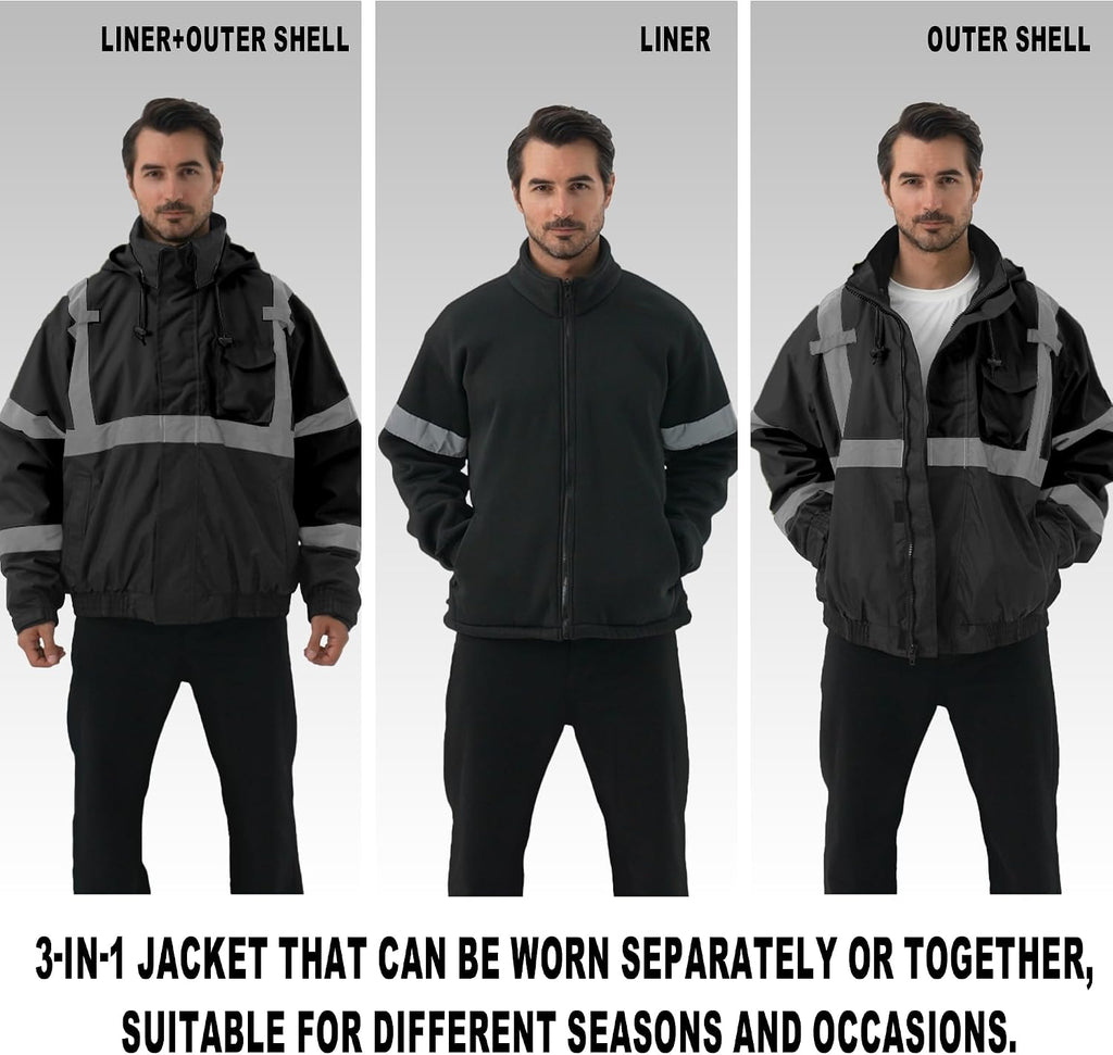 3 in 1 Safety jacket,Reflective high Visibility Hooded jacket,Hi Vis Bomber Jacket shell and fleece lining,Waterproof,ANSI Class 3 Black,3XL