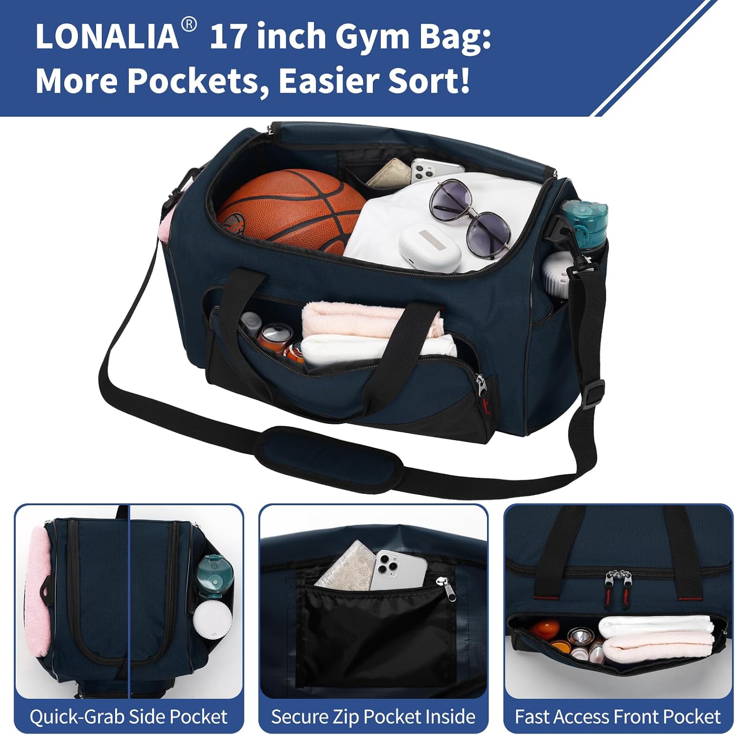 30L Gym Sport Duffle Bag, 17 inch, Navy Blue