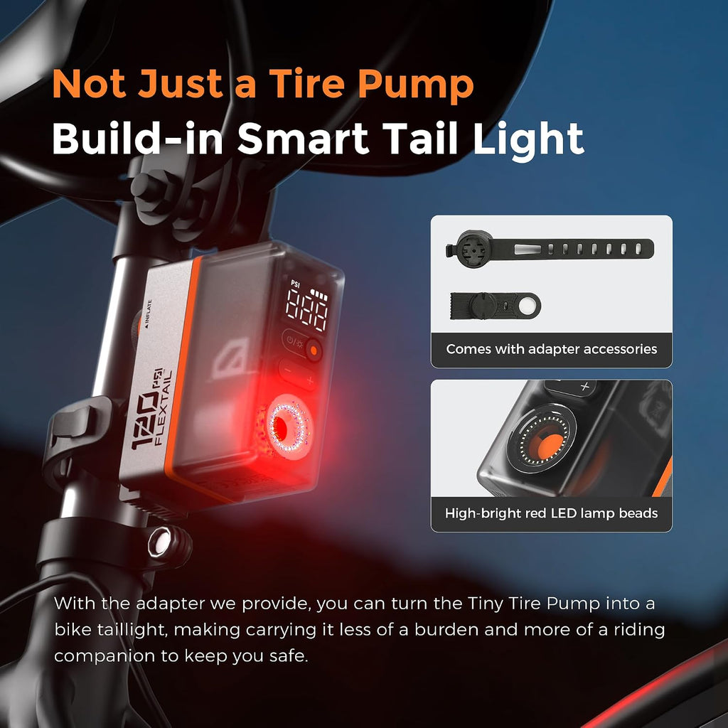 FLEXTAILGEAR Mini Bike Tire Pump with Gauge & Professional Taillight, 120 PSI Portable Electric Bicycle Pump with Presta and Schrader Valve for Road and Mountain Bikes, Motorcycle, Balls