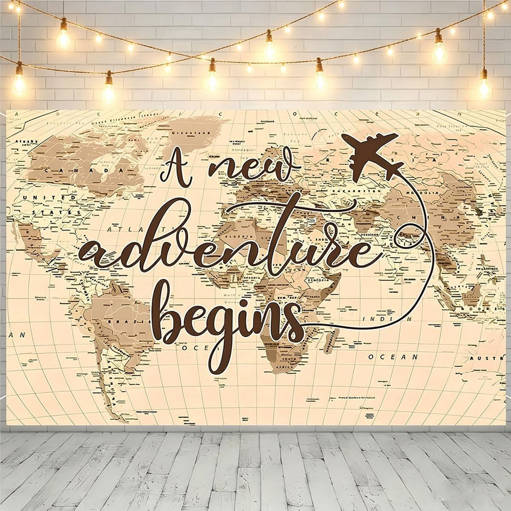 A New Adventure Begins Travel Backdrop Vintage World Map Around World Airplane Birthday Bridal Shower Photography Backdrops Newborn Baby Shower Birthday Party Decoration (7x5feet)