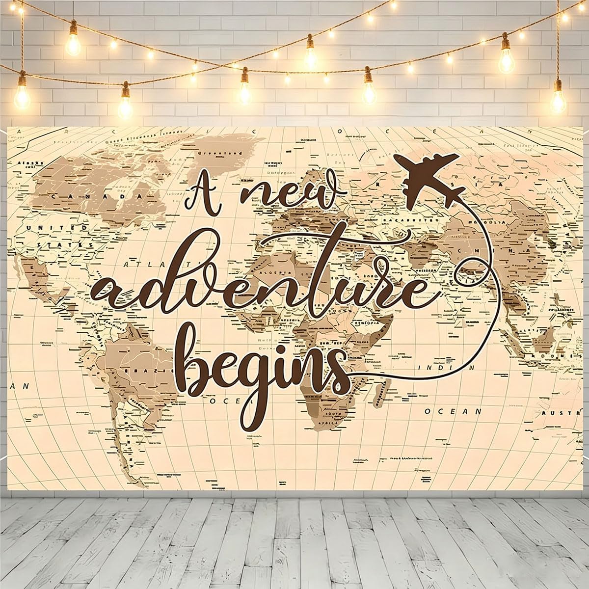 A New Adventure Begins Travel Backdrop Vintage World Map Around World Airplane Birthday Bridal Shower Photography Backdrops Newborn Baby Shower Birthday Party Decoration (7x5feet)