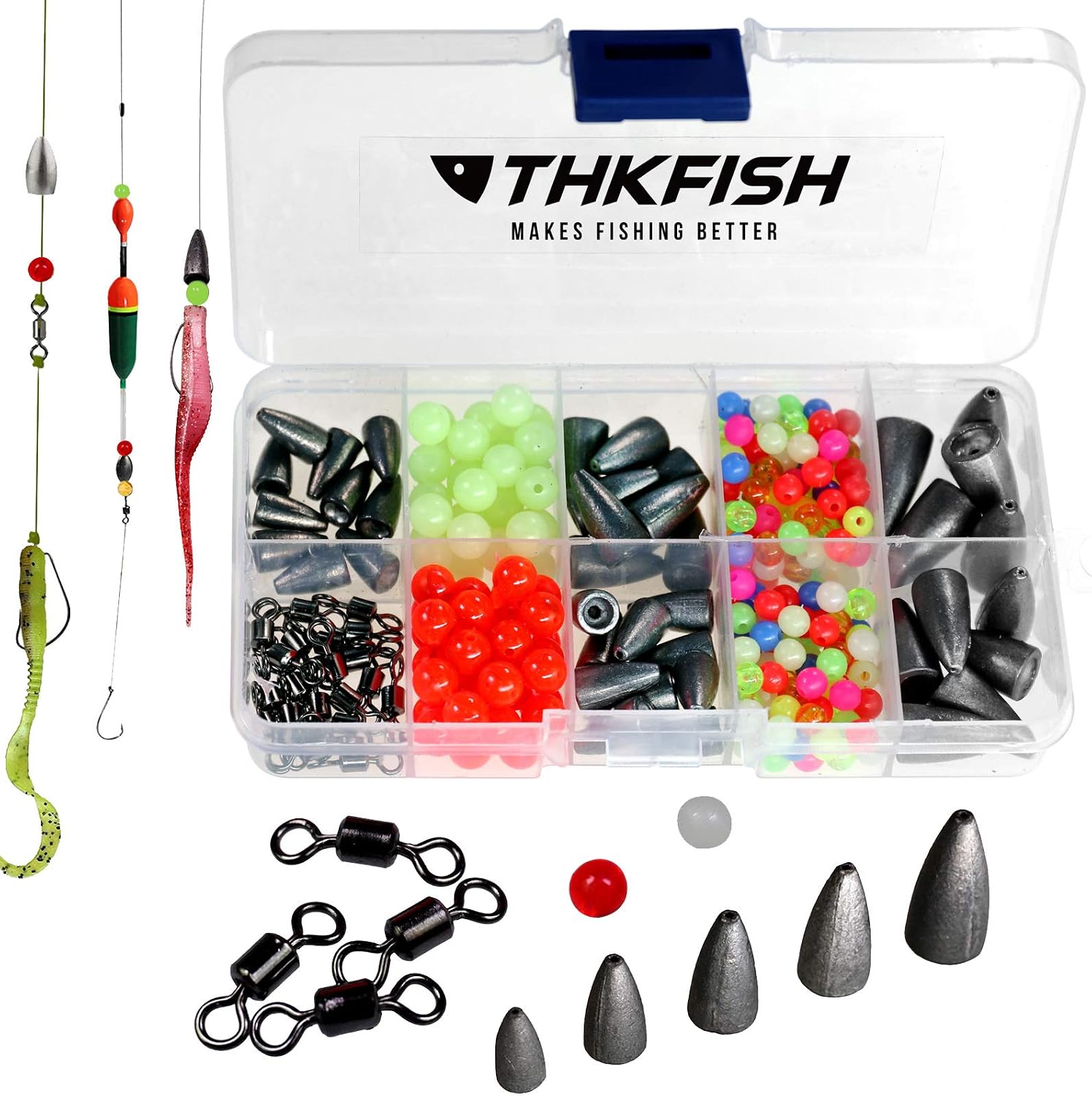 THKFISH Texas and Carolina Fishing Rig Bass Fishing Bullet-Weights for Fishing Sinkers Hooks Rolling Barrel Fishing Swivels Beads Rings Fishing Tackle Kit 35pcs/339pcs/389pcs