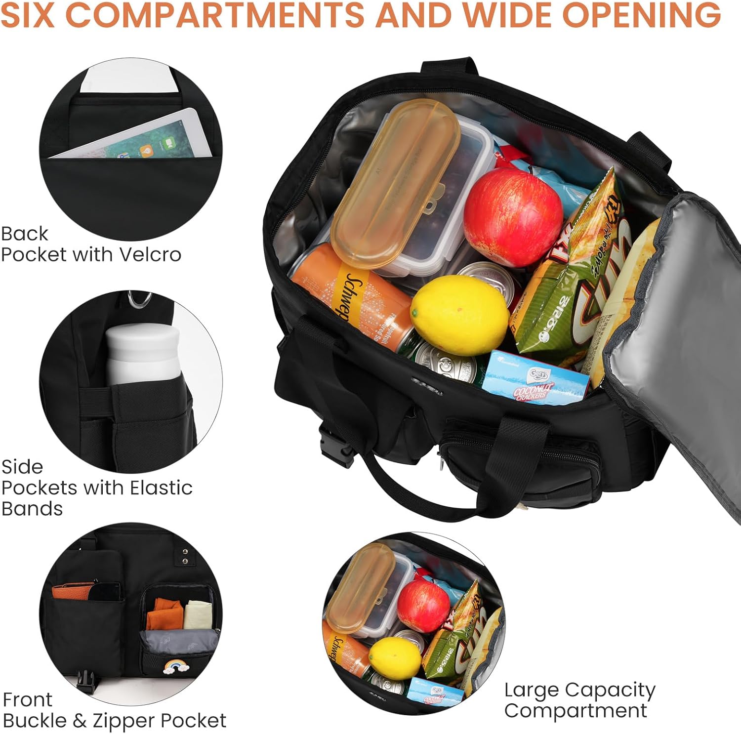 Large Insulated Lunch Bag for Women Men,Leakproof Reusable Lunch Tote with Shoulder Strap, Multi-Pocket Cooler Bag for Work, School, Picnic, Hiking, Beach, Camping, Black