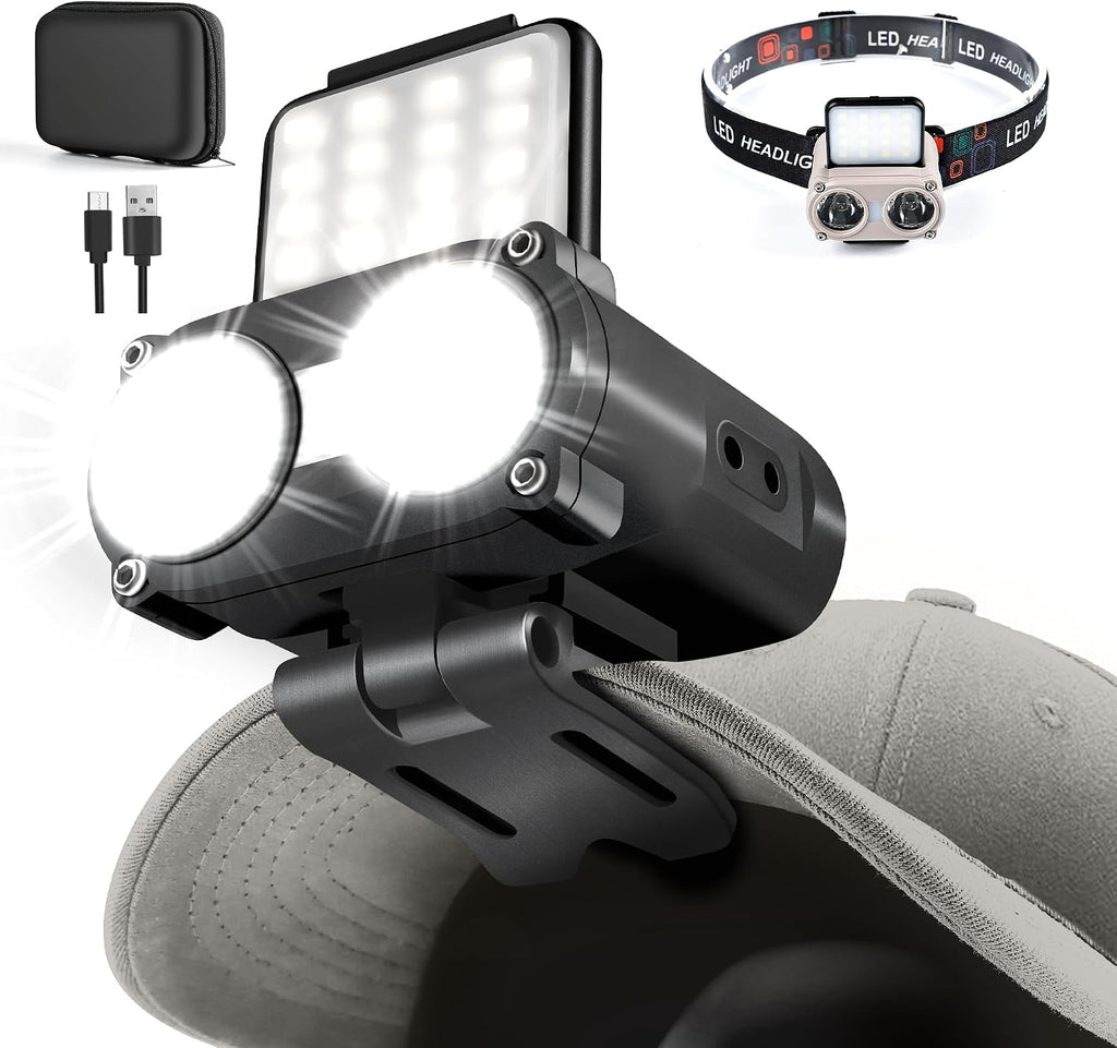 Hopedone 2-in-1 Rechargeable Headlamp & Hat Light, 800LM Clip-On Cap Light
